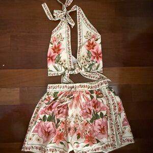 Floral Halter Crop Top and Shorts Set - Pink & Cream